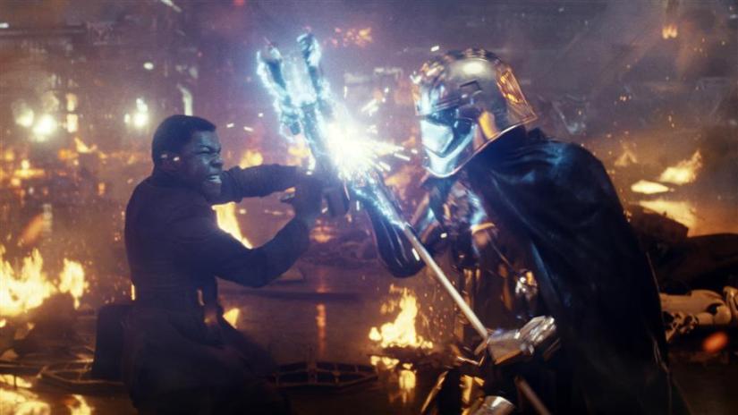 Star Wars Episode VII: The Last Jedi movie scene. Finn and Captain Phasma fight.